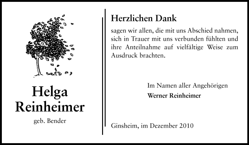  Traueranzeige für Helga Reinheimer vom 04.12.2010 aus Rüsselsheimer Echo, Groß-Gerauer-Echo, Ried Echo