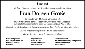 Traueranzeige von Doreen Große von Starkenburger Echo