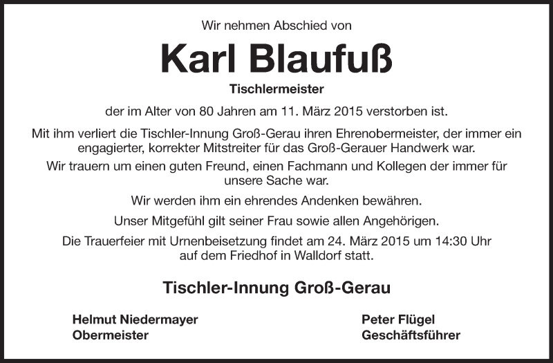  Traueranzeige für Karl Blaufuß vom 21.03.2015 aus Rüsselsheimer Echo, Groß-Gerauer-Echo, Ried Echo