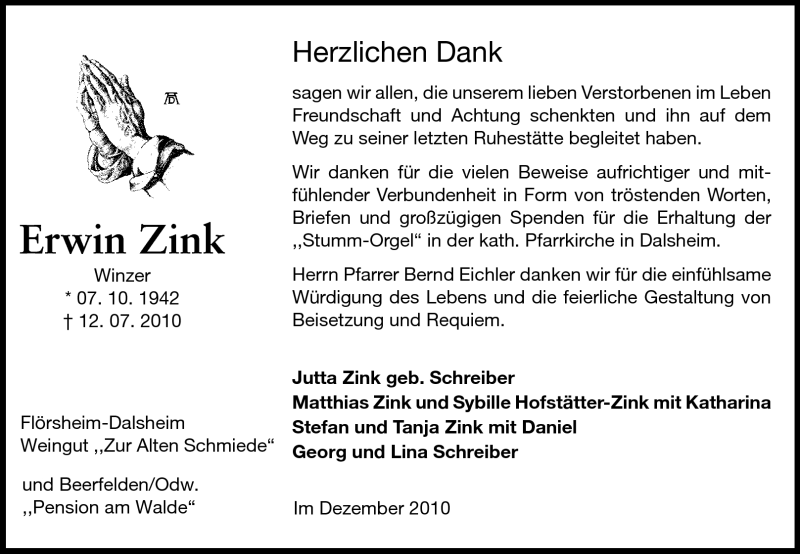  Traueranzeige für Erwin Zink vom 18.12.2010 aus Odenwälder Echo