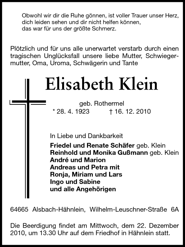  Traueranzeige für Elisabeth Klein vom 21.12.2010 aus Echo-Zeitungen (Gesamtausgabe)