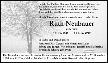 Traueranzeige von Ruth Neubauer von Odenwälder Echo
