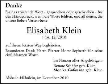 Traueranzeige von Elisabeth Klein von Darmstädter Echo, Odenwälder Echo, Rüsselsheimer Echo, Groß-Gerauer-Echo, Ried Echo