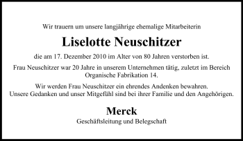 Traueranzeige von Liselotte Neuschnitzer von Darmstädter Echo, Odenwälder Echo, Rüsselsheimer Echo, Groß-Gerauer-Echo, Ried Echo