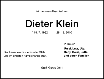 Traueranzeige von Dieter Klein von Rüsselsheimer Echo, Groß-Gerauer-Echo, Ried Echo