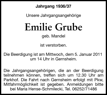 Traueranzeige von Emilie Grube von Starkenburger Echo