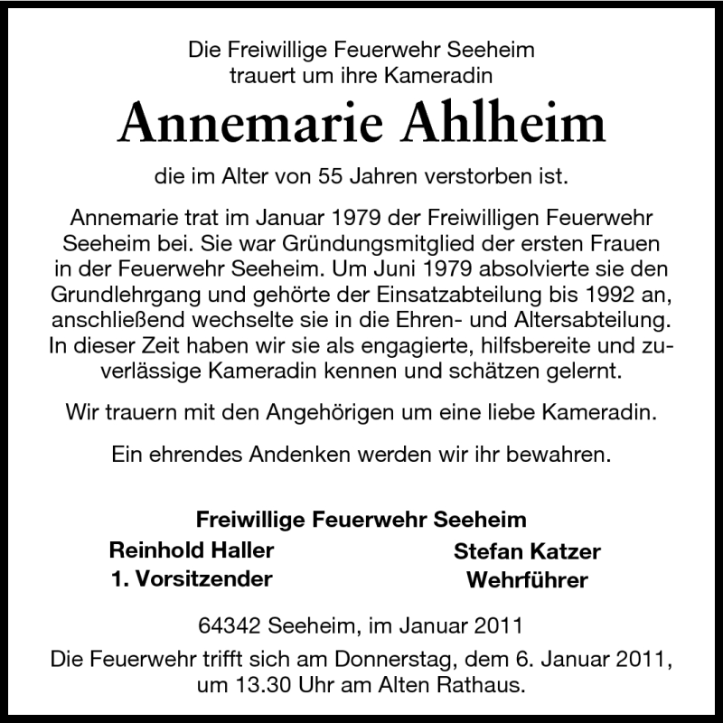  Traueranzeige für Annemarie Ahlheim vom 03.01.2011 aus Darmstädter Echo, Odenwälder Echo, Rüsselsheimer Echo, Groß-Gerauer-Echo, Ried Echo