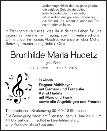 Traueranzeige von Brunhilde Maria Hudetz von Odenwälder Echo