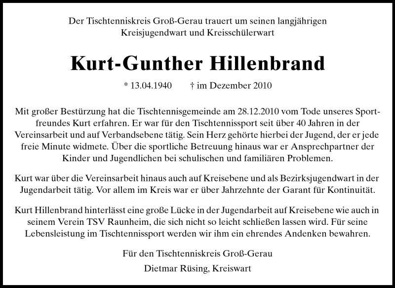 Traueranzeige für Kurt Gunther Hillenbrand vom 05.01.2011 aus Darmstädter Echo, Odenwälder Echo, Rüsselsheimer Echo, Groß-Gerauer-Echo, Ried Echo