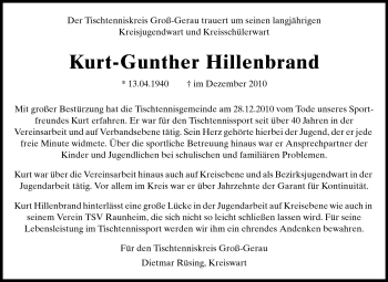 Traueranzeige von Kurt Gunther Hillenbrand von Darmstädter Echo, Odenwälder Echo, Rüsselsheimer Echo, Groß-Gerauer-Echo, Ried Echo