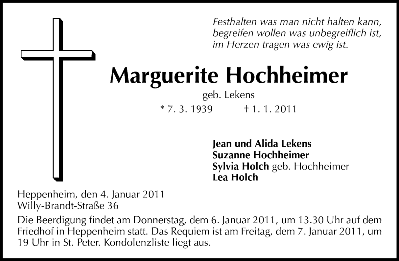  Traueranzeige für Marguerite Hochheimer vom 04.01.2011 aus Starkenburger Echo