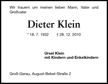 Traueranzeige von Dieter Klein von Rüsselsheimer Echo, Groß-Gerauer-Echo, Ried Echo
