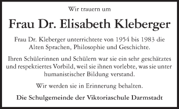 Traueranzeige von Elisabeth Kleberger von Echo-Zeitungen (Gesamtausgabe)
