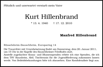 Traueranzeige von Kurt Gunther Hillenbrand von Rüsselsheimer Echo, Groß-Gerauer-Echo, Ried Echo