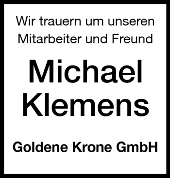 Traueranzeige von Klemens Michael von Darmstädter Echo, Odenwälder Echo, Rüsselsheimer Echo, Groß-Gerauer-Echo, Ried Echo