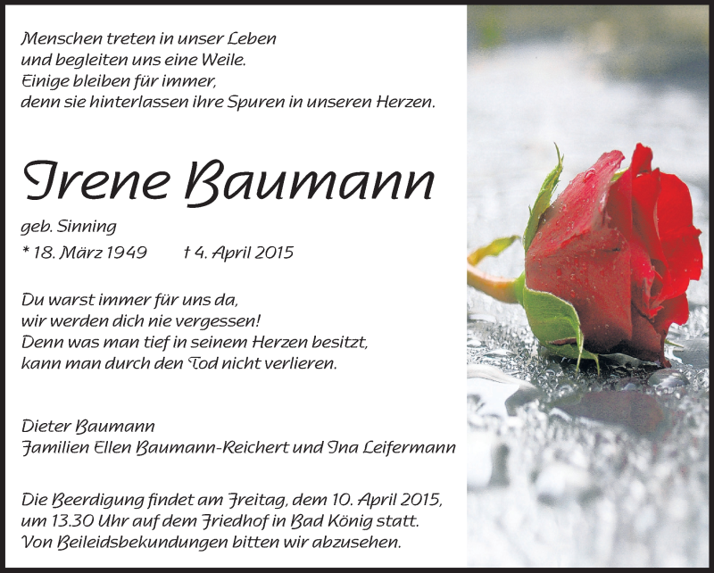  Traueranzeige für Irene Baumann vom 08.04.2015 aus Odenwälder Echo