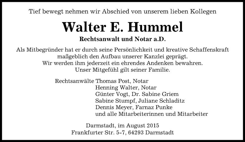 Traueranzeige für Walter E. Hummel vom 29.08.2015 aus trauer.echo-online.de