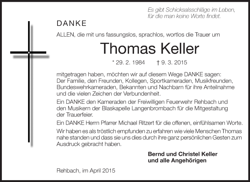  Traueranzeige für Thomas Keller vom 18.04.2015 aus Odenwälder Echo