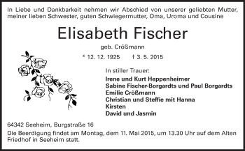 Traueranzeige von Elisabeth Fischer von Echo-Zeitungen (Gesamtausgabe)