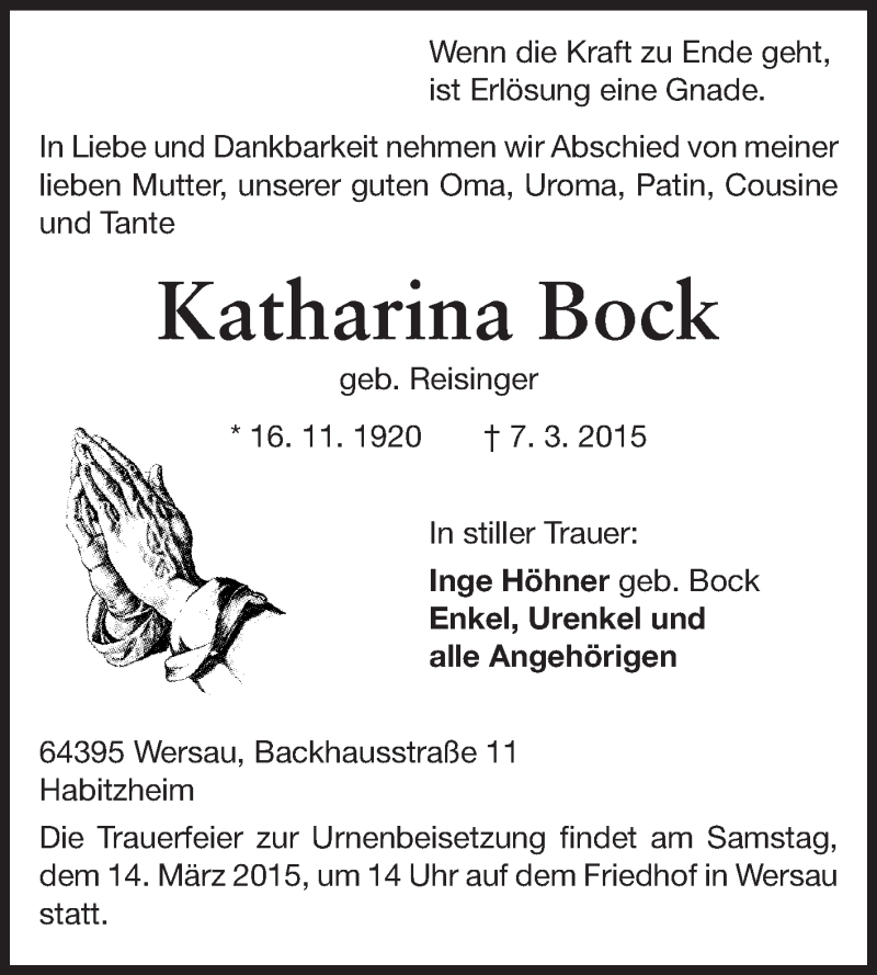  Traueranzeige für Katharina Bock vom 11.03.2015 aus Echo-Zeitungen (Gesamtausgabe)