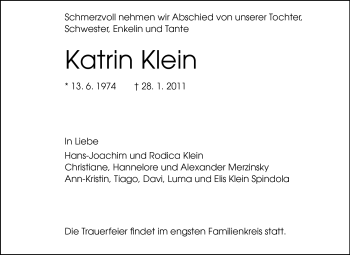 Traueranzeige von Katrin Klein von Darmstädter Echo, Odenwälder Echo, Rüsselsheimer Echo, Groß-Gerauer-Echo, Ried Echo