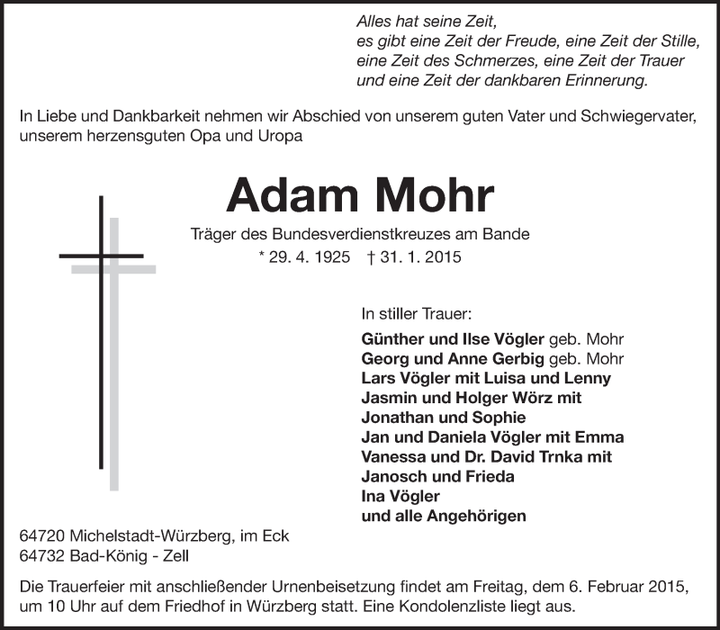  Traueranzeige für Adam Mohr vom 04.02.2015 aus Odenwälder Echo