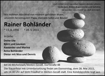 Traueranzeige von Rainer Bohländer von Odenwälder Echo
