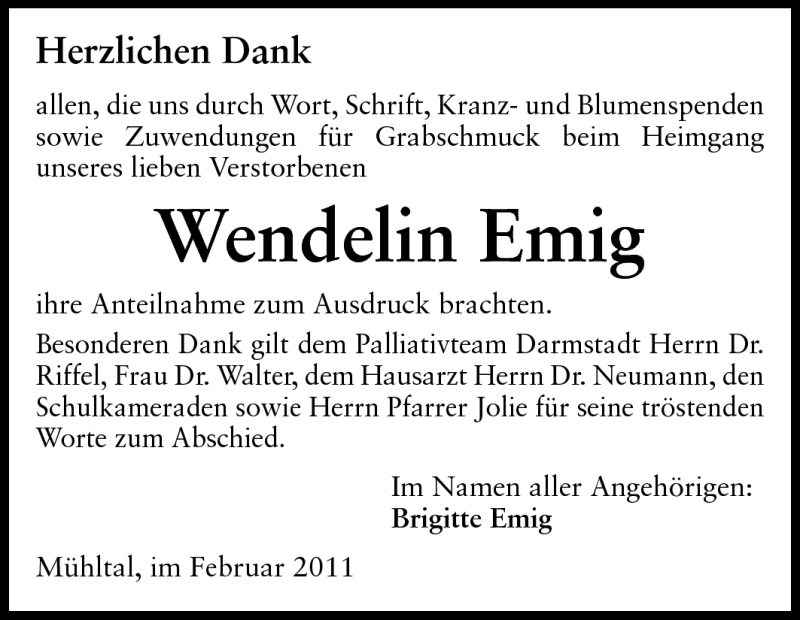  Traueranzeige für Wendelin Emig vom 12.02.2011 aus Echo-Zeitungen (Gesamtausgabe)