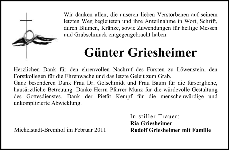  Traueranzeige für Günter Griesheimer vom 08.02.2011 aus Odenwälder Echo