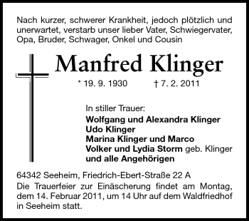 Traueranzeige von Manfred Klinger von Echo-Zeitungen (Gesamtausgabe)