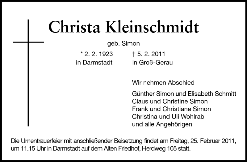  Traueranzeige für Christa Kleinschmidt vom 12.02.2011 aus Echo-Zeitungen (Gesamtausgabe)