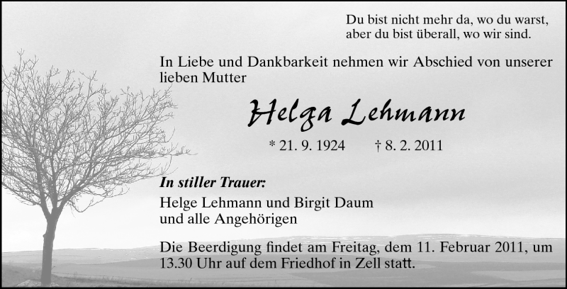  Traueranzeige für Helga Lehmann vom 10.02.2011 aus Odenwälder Echo