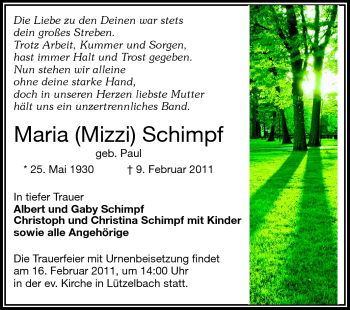 Traueranzeige von Maria Schimpf von Odenwälder Echo