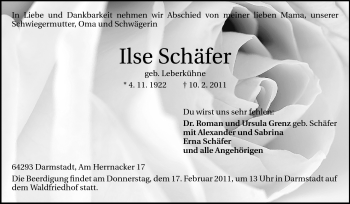 Traueranzeige von Ilse Schäfer von Darmstädter Echo, Odenwälder Echo, Rüsselsheimer Echo, Groß-Gerauer-Echo, Ried Echo