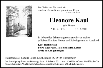 Traueranzeige von Eleonore Kaul von Rüsselsheimer Echo, Groß-Gerauer-Echo, Ried Echo