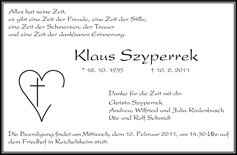  Traueranzeige für Klaus Szyperrek vom 14.02.2011 aus Odenwälder Echo