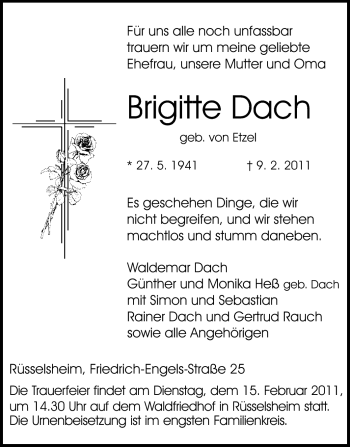 Traueranzeige von Brigitte Dach von Rüsselsheimer Echo, Groß-Gerauer-Echo, Ried Echo