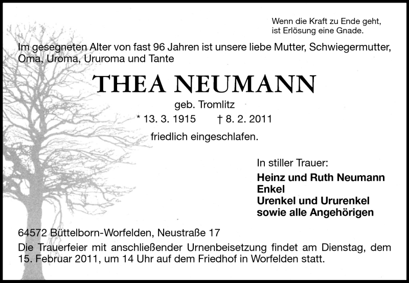  Traueranzeige für Thea Neumann vom 12.02.2011 aus Rüsselsheimer Echo, Groß-Gerauer-Echo, Ried Echo