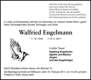 Traueranzeige von Walfried Engelmann von Rüsselsheimer Echo, Groß-Gerauer-Echo, Ried Echo