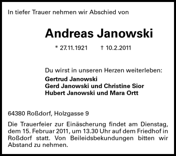 Traueranzeige von Janowski Andreas von Echo-Zeitungen (Gesamtausgabe)