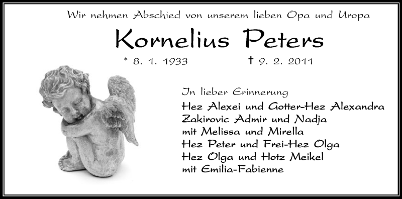  Traueranzeige für Kornelius Peters vom 12.02.2011 aus Odenwälder Echo