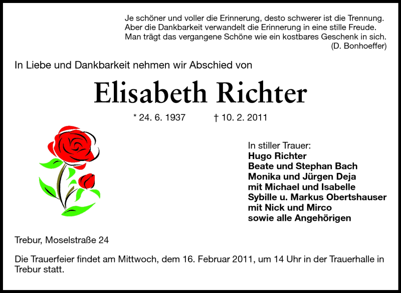  Traueranzeige für Elisabeth Richter vom 14.02.2011 aus Rüsselsheimer Echo, Groß-Gerauer-Echo, Ried Echo