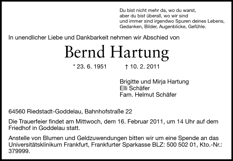  Traueranzeige für Bernd Hartung vom 14.02.2011 aus Echo-Zeitungen (Gesamtausgabe)