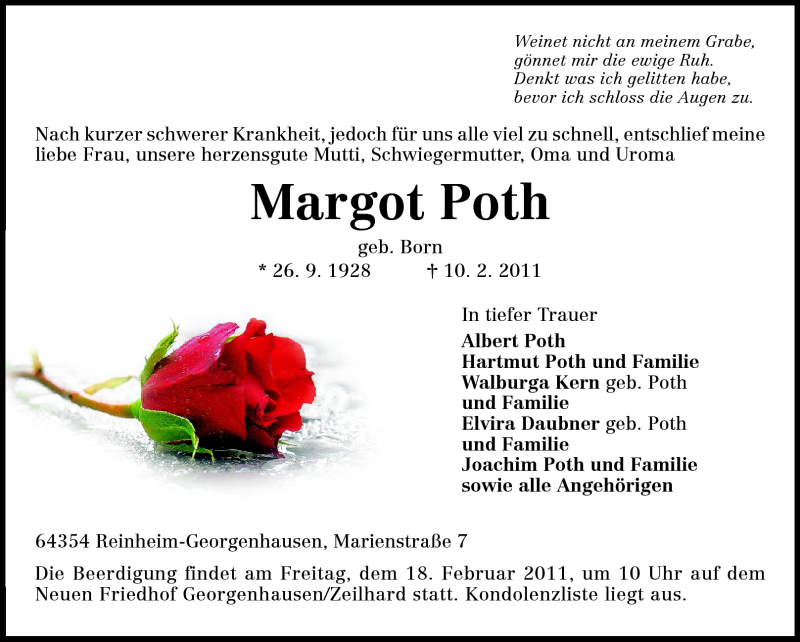  Traueranzeige für Margot Poth vom 16.02.2011 aus Echo-Zeitungen (Gesamtausgabe)