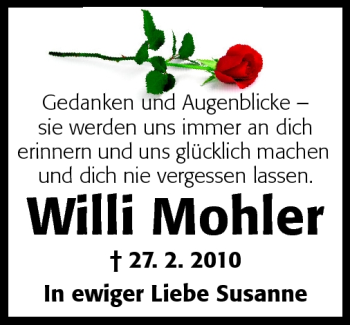 Traueranzeige von Willi Mohler von Darmstädter Echo, Odenwälder Echo, Rüsselsheimer Echo, Groß-Gerauer-Echo, Ried Echo