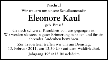 Traueranzeige von Eleonore Kaul von Rüsselsheimer Echo, Groß-Gerauer-Echo, Ried Echo