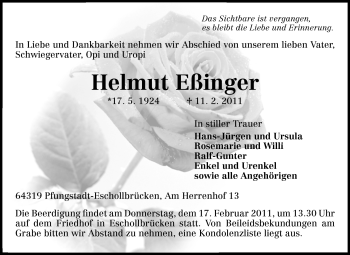 Traueranzeige von Helmut Eßinger von Echo-Zeitungen (Gesamtausgabe)
