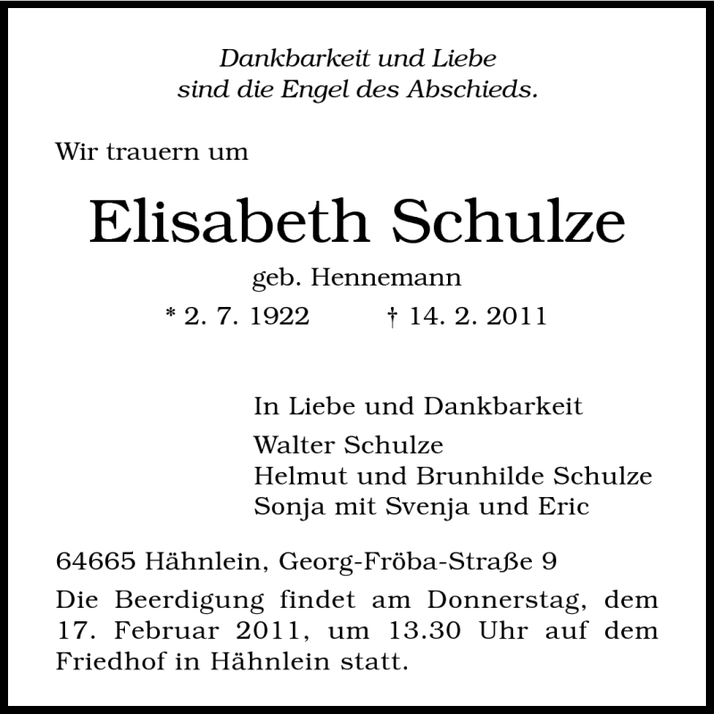  Traueranzeige für Elisabeth Schulze vom 15.02.2011 aus Echo-Zeitungen (Gesamtausgabe)