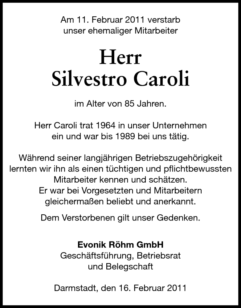  Traueranzeige für Silvestro Caroli vom 16.02.2011 aus Echo-Zeitungen (Gesamtausgabe)