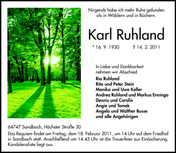 Traueranzeige von Karl Ruhland von Odenwälder Echo